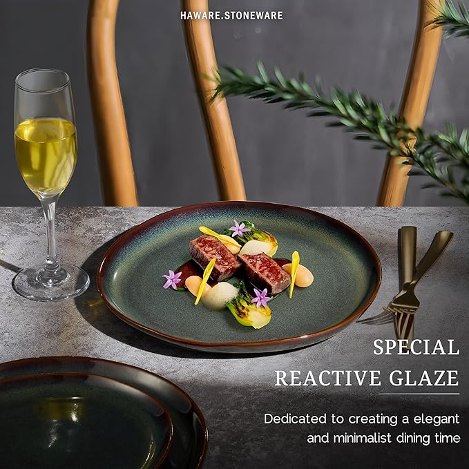 HaWare Stoneware Dinner Plates Set of 6, 10" Heavy Duty Ceramic Plates, Reactive Glaze Dinnerware for Home Restaurant, Chip and Scratch Resistant, Microwave and Dishwasher Safe, Reactive Moss Green