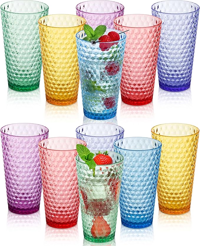 Laguna Plastic Drinking Glasses, Premium Quality Durable BPA-Free Water Tumblers, Dishwasher-Safe, Stackable Cups in Assorted Colors, 18 oz Set of 12