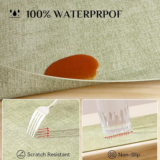 Softalker Vinyl Placemats Set of 6 - Faux Leather Heat Resistant Place Mats, 100% Waterproof Oilproof Wipe Clean Table Mats for Indoor & Outdoor Use, 17’’×12’’, Grass Green