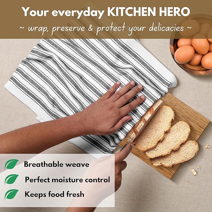 Native Fab 100% Cotton Striped Kitchen Towels - Set of 12-16"x26"- Basket Weave Stripe Dish Towels for Quick Drying, Absorbent Kitchen Wash Cloths Set with Hanging Loop - Black