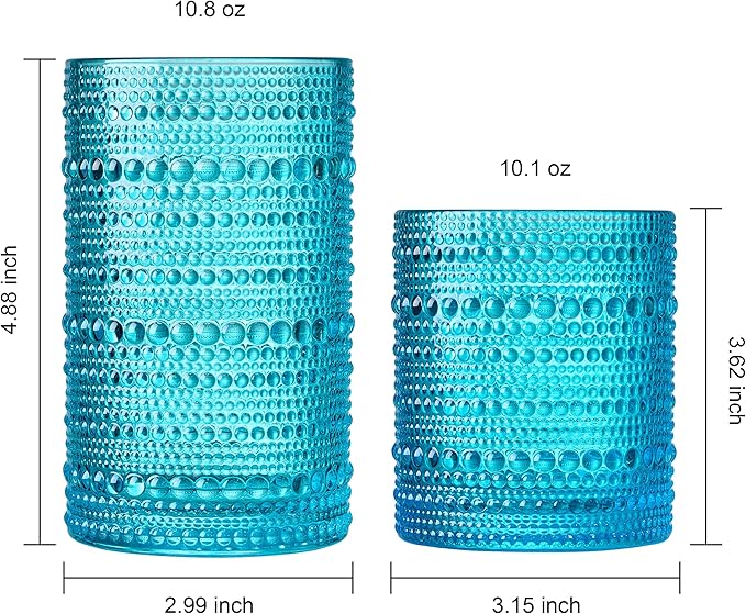 Hobnail Beaded Highball Drinking Tumbler Glasses | Set of 12 | Color, Vintage Bubble Design Whiskey Glassware, Old-Fashioned, Embossed Design for Water, Wine, Cocktail Embossed Heavy Glas, Rocks Glass