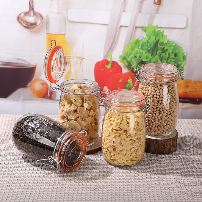 Wide Mouth Mason Jars 32 oz, 4 Pack Glass Canning Jars with Airtight Lid, Large Clear Canister Quart Jars for Pickling Flour Salad Jam Jelly Coffee Sugar Beans Kitchen Storage (4 Pack 32OZ)