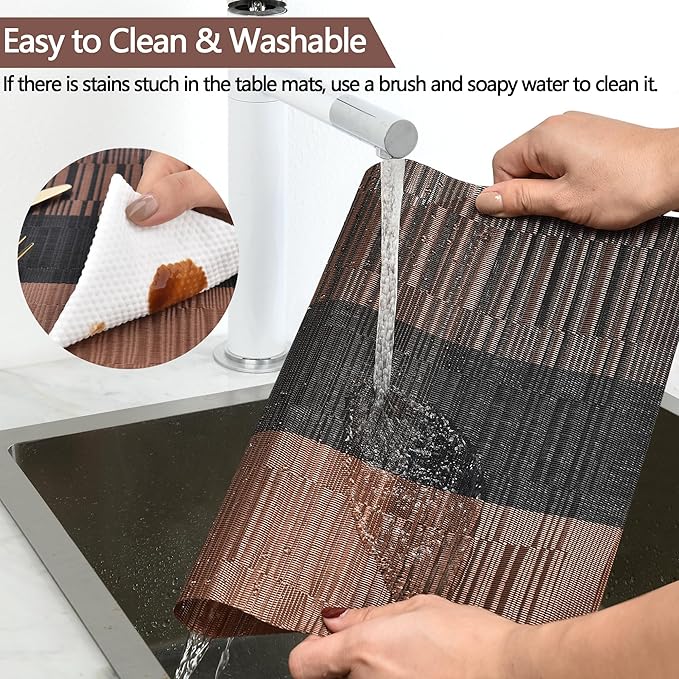Placemats Set of 8 - Easy Clean Modern Durable Washable Vinyl Place Mats - Heat Resistant Placemats for Kitchen Table - PVC Table Mats for Dining Table (Brown Black, 8)