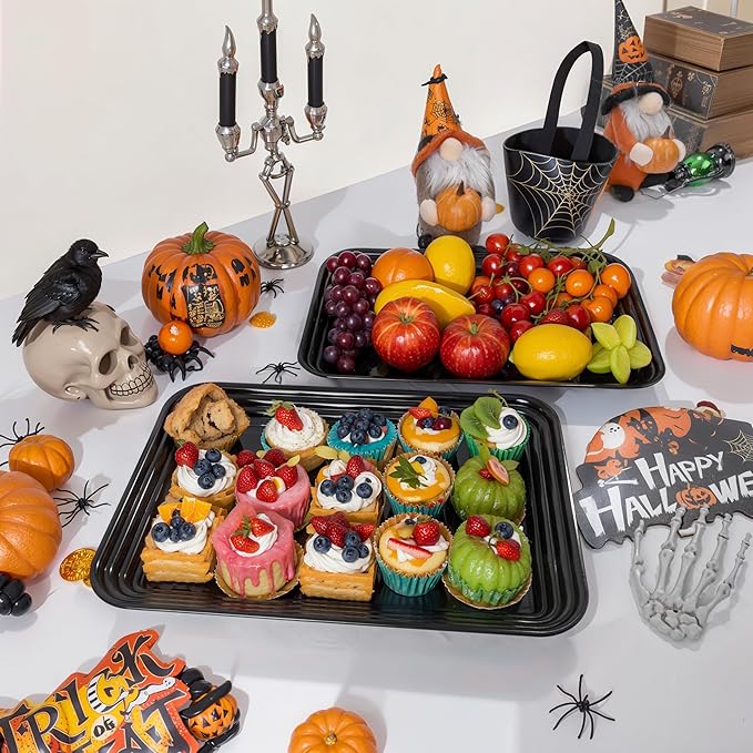 SUT 6-Pack Black Serving Trays for Entertaining-16 x 11" Serving Platters for Snacks, Fruit, Cookies Reusable Plastic Trays for Serving Food and Party Organization in Kitchen & Halloween Parties
