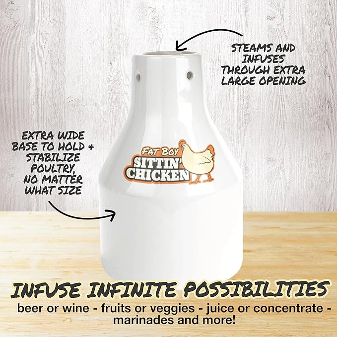 Ceramic Beer Can Roaster with 4 Steam Holes for More Flavor-Fat Boy Sittin' Chicken Marinade BBQ Cooker- Extra Wide Base Holds Full Chicken-Great for Xmas Meal Prep & Holiday Parties-Grill & Oven Safe