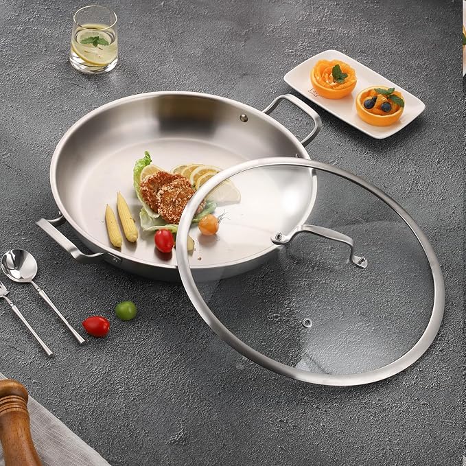 Tri-Ply Stainless Steel Paella Pan, 14.5 inch Large Skillet,12 Servings 18/10 Large Paella pan with Lid,Jumbo Cooker,Perfect for Outdoors, Camping, Parties