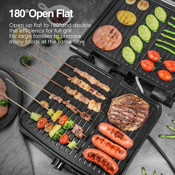 OSTBA Panini Press Grill with Adjustable Temperature, 4-Slice Indoor Grill, 180° Open Sandwich Maker with Drip Tray, Non-Stick Plates, Stainless Steel, 1200W