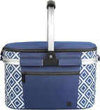 ALLCAMP Insulated Cooler Bag Portable Collapsible Picnic Basket Cooler with Sewn in Frame (Medium Rectangle Blue White)