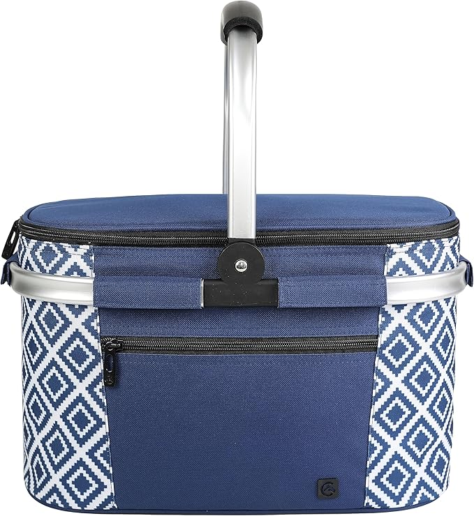 ALLCAMP Insulated Cooler Bag Portable Collapsible Picnic Basket Cooler with Sewn in Frame (Medium Rectangle Blue White)