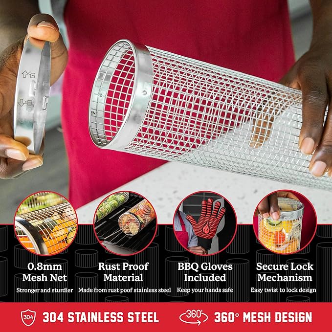 BLAZIN' GRILL Rolling Grill Basket | 2 x Grilling Basket & Smoker Accessories | Grill Baskets for Outdoor Grill with BBQ Gloves | Barbecue Grill baskets for Vegetables, Seafood & Meat