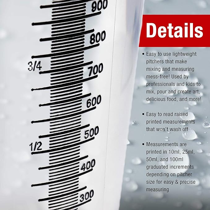 TCP Global 5 Piece Set of Plastic Graduated Measuring and Mixing Pitchers - 500, 1000 Quart, 2000, 3000, 5000 ml Gallon Sizes - Pouring Cups, Measure & Mix Paint, Resin, Epoxy, Kitchen Cooking Baking