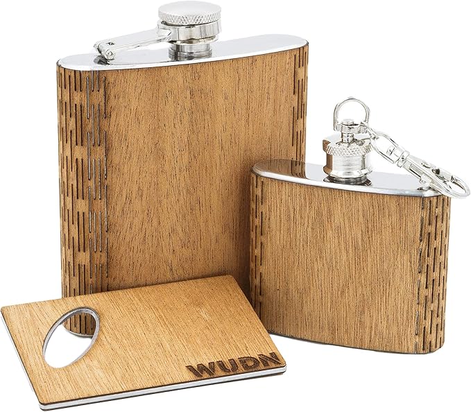 3-Piece Wooden Bar Set - 6 oz Hip Flask, 2 oz Keychain Flask & Credit Card Bottle Opener in Mahogany