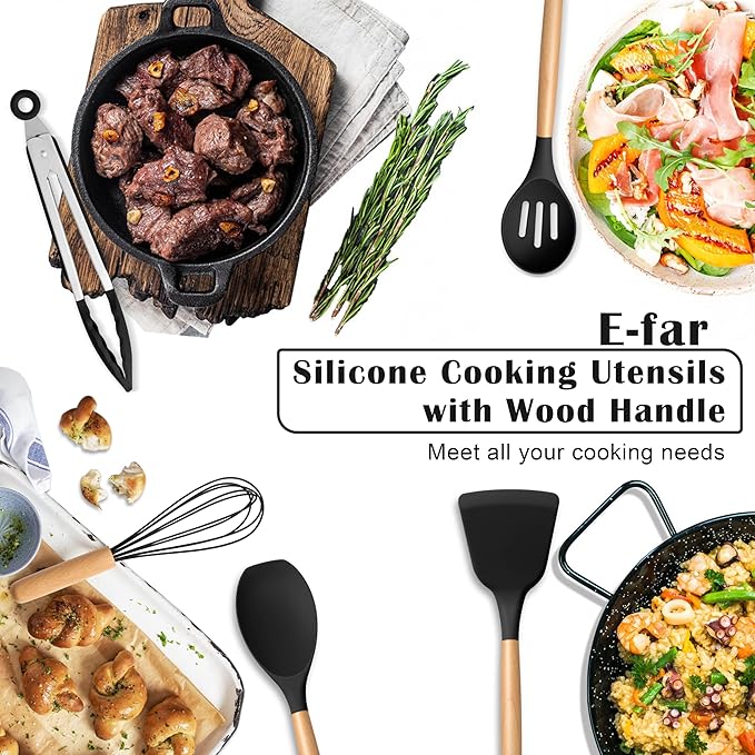 E-far Silicone Cooking Utensils Set, 10-Piece Black Kitchen Utensils Set with Wooden Handle for Nonstick Cookware, Heat Resistant Kitchen Nonstick Tools Spatula Whisk Tongs Ladle, Non-toxic & Healthy