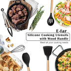 E-far Silicone Cooking Utensils Set, 10-Piece Black Kitchen Utensils Set with Wooden Handle for Nonstick Cookware, Heat Resistant Kitchen Nonstick Tools Spatula Whisk Tongs Ladle, Non-toxic & Healthy