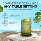 15 OZ Hobnail Drinking Glasses Set of 12 - Vintage Embossed Glassware, Textured Tumblers for Water, Beer, Cocktails & Whiskey – Includes Straws and Coasters – Green