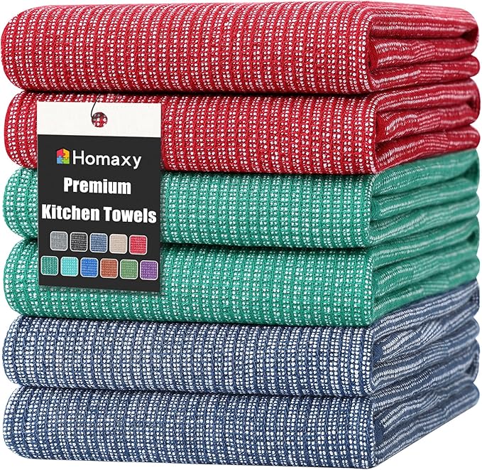 Homaxy Premium Kitchen Towels(18”x 28”, 6 Pack), Large Cotton Kitchen Hand Towels, Flat and Terry Dish Towels, 380 GSM Highly Absorbent Tea Towel Set with Hanging Loop, Navy Blue/Red/Green