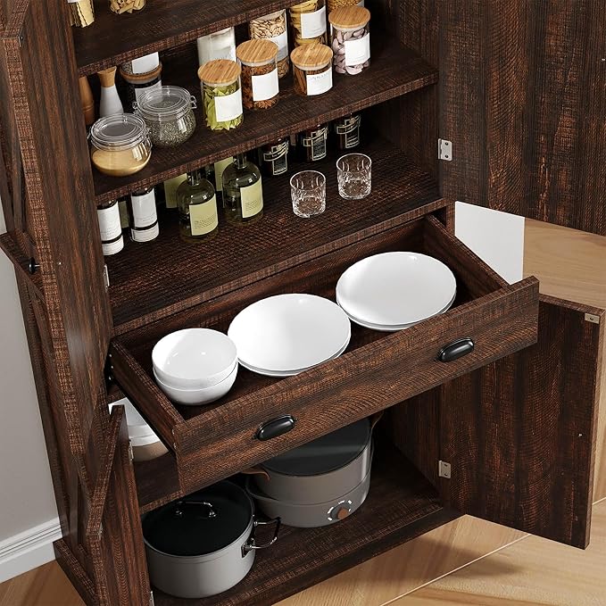 YITAHOME 72'' Tall Kitchen Pantry Cabinets, Farmhouse Storage Cabinets with Barn Doors, Drawer ＆ Adjustable Shelves, Rustic Wood Cupboard for Dining Room, Living Room, Dark Rustic