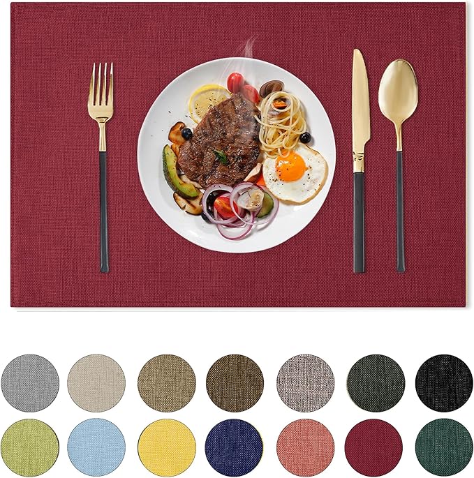 Romanstile Cloth Placemats Set of 4-12 x 18 Inch, Heat Resistant Double Layered Thickened Burlap Christmas Place Mats, Washable Faux Linen Farmhouse Table Mats for Kitchen/Dining/Party/Outdoor, Red