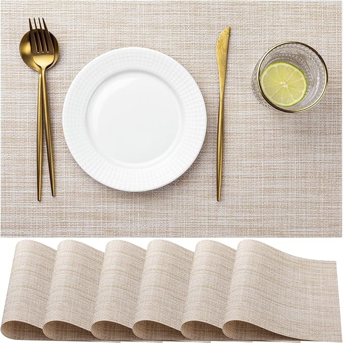 LEXMORE PVC Woven Placemats 6 PCS Wipeable Indoor/Outdoor Table Mats Washable Vinyl Place Mat for Dining Table, Set of 6-Beige White