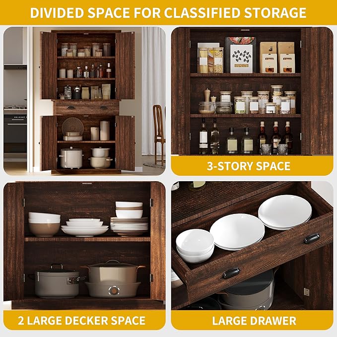 DWVO 72'' Farmhouse Kitchen Pantry, Rustic Wood Kitchen Storage Cabinets with Adjustable Shelves & Drawer, Tall Freestanding Cupboard for Dining Room, Living Room, Drak Brown