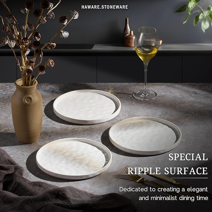 HaWare Stoneware Plates Set of 6, 7.9" Salad Plates, Reactive Glaze Ripple Ceramic Dish Set for Appetizer, Dessert, Scratch Resistant, Small Dinner Plate, Microwave and Dishwasher Safe, Speckled White