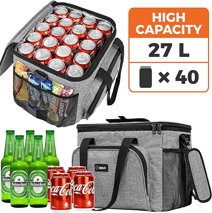 OPUX Soft Cooler Bag, Insulated Collapsible Lunch Cooler Tote for Men Work Camping Beach Travel, Portable Soft Sided Leakproof Waterproof Large Lunch Bag Box with Shoulder Strap 40 Cans, Heather Gray