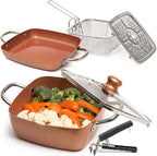 Moss & Stone 6 Pcs Copper Chef Cookware Non Stick Deep Frying Pan 9.5" x 3.5", Fry Basket, Steamer Rack, Dishwasher & Oven Safe, 5 Qt Deep Square Pot & Non Stick Pan, Induction Copper Cookware Set