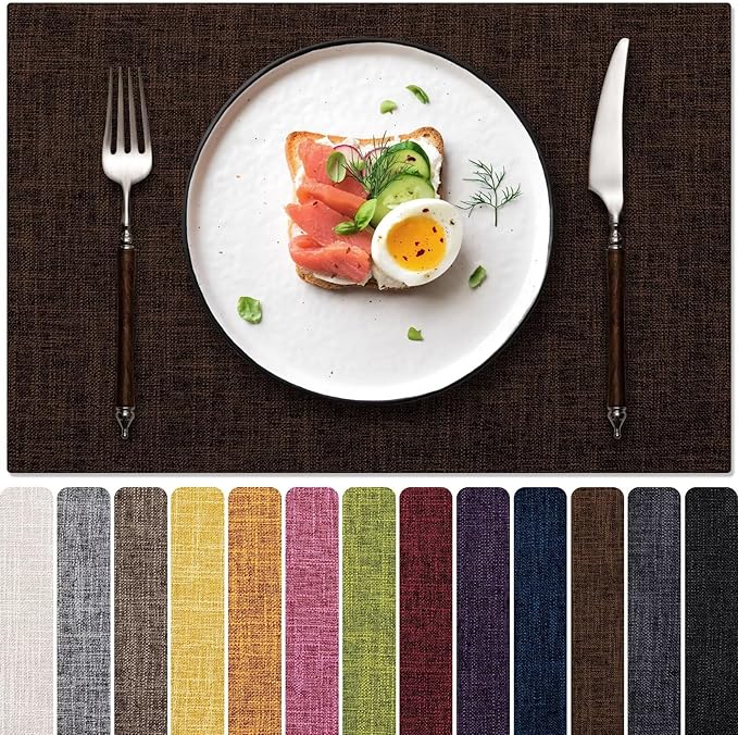 Blue Forest Placemats Set of 8, Dual-Layered Thickened Faux Linen Cloth Place Mats Heat Resistant Machine Washable Wrinkle Free Table Mats Indoor/Outdoor (Brown)