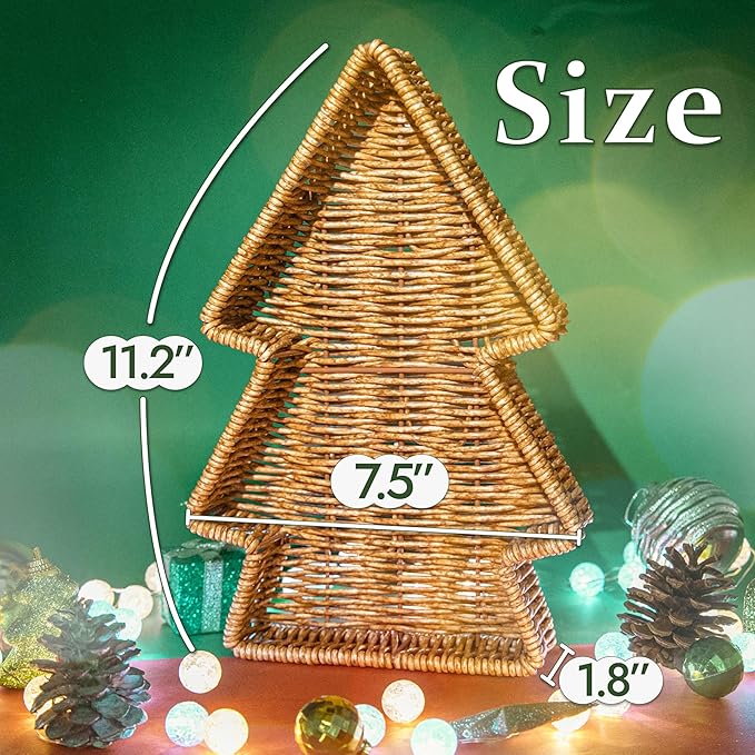 myHomeBody Christmas Tree Wicker Basket, Decorative Snack Tray, Appetizer Serving Tray and Platters, Set of 2