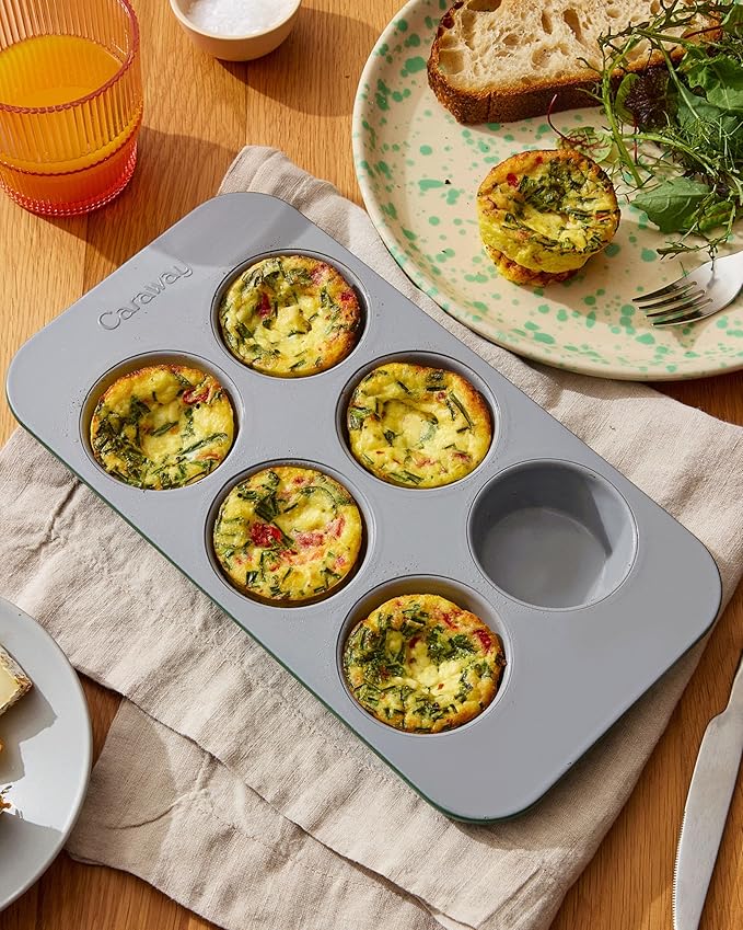 Caraway Nonstick Ceramic 6 Cup Muffin Pan – Non-Toxic, PTFE & PFOA Free – Oven Safe – Aluminized Steel Core – Small Muffin Pan for Baking Cupcakes, Muffins & More - White