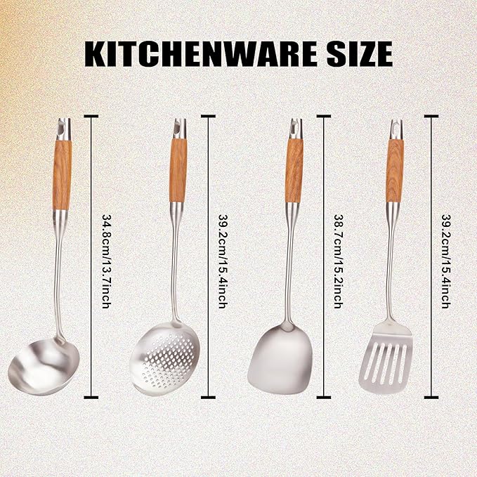 FJNATINH Wok Utensils - Wok Spatula Metal Set, 4-Pieces 14-15 Inch Extra Long, Wok Tools Professional Set, Wooden Handle Skimmer, Soup Ladle, Slotted Turner
