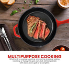 Utopia Kitchen Saute Frying Pan 12 Inch, Cast Iron Chefs Pan, Pre Seasoned Cast iron Skillet With Lid, Safe Grill Cookware for Indoor & Outdoor Use, Red