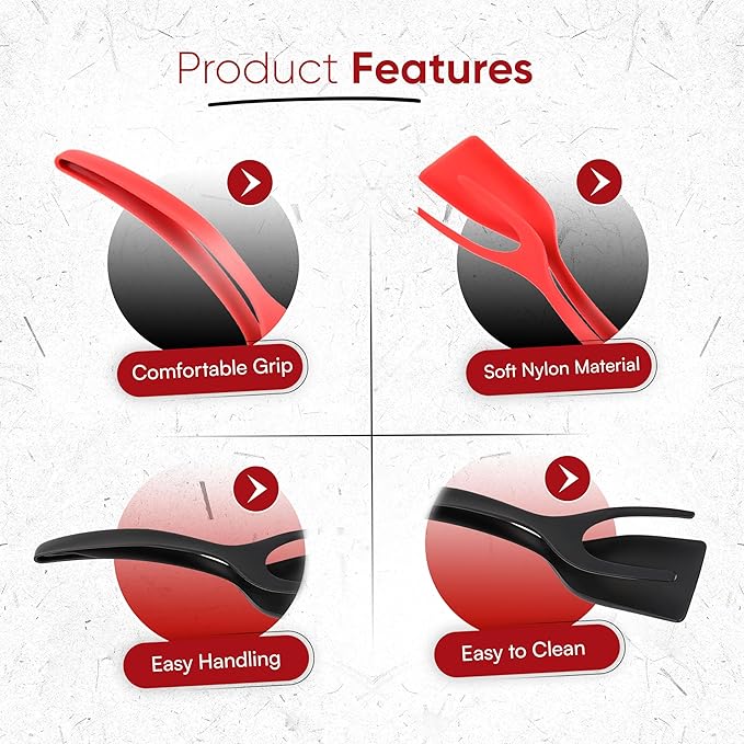 Egg Flipper Spatula Tongs (Set of 2) – Non-Stick 2-in-1 Grip & Flip Kitchen Tongs for Pancakes, Fish, Eggs, and More – Heat Resistant Cooking Tool (Black + Red)