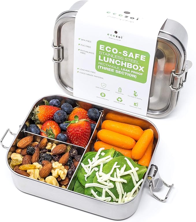 Stainless Steel Lunch Box, Leak Proof Metal Bento Box with 3 Compartments, 24 Oz Bento Box, BPA Free Meal Prep Food Container | Bonus 50 ml Sauce Container