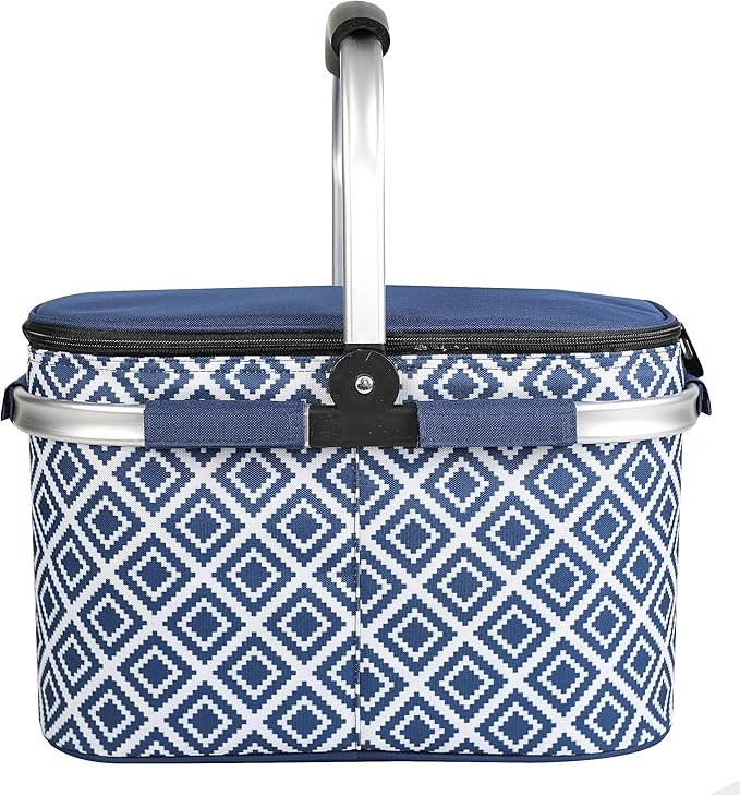 ALLCAMP Insulated Cooler Bag Portable Collapsible Picnic Basket Cooler with Sewn in Frame (Medium Rectangle Blue White)