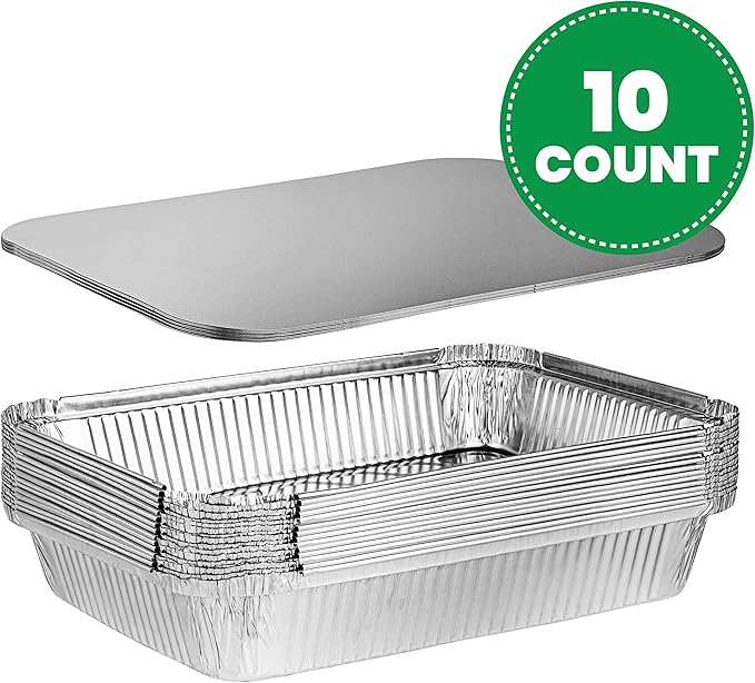 PLASTICPRO Disposable 4 LB Aluminum Takeout Tin Foil Oblong Baking Pans 12'' X 8'' X 2'' Inch With Cardboard Lids Bakeware - Cookware Perfect for Cakes, Lasagna, or Pack of 10 Pans and 10 Lids