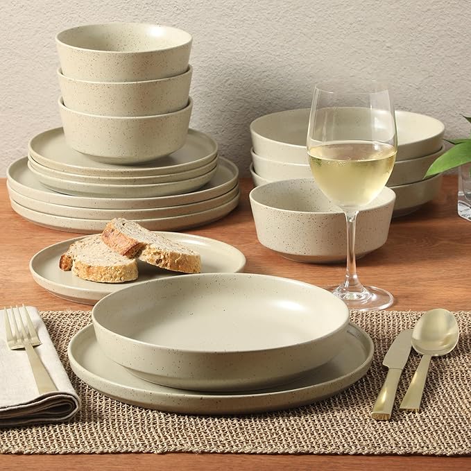 Gibson Elite Overbrook 16-Piece Pottery Clay Stoneware Dinnerware Set – White Reactive Glaze, Stackable Plates and Bowls w/Pasta Bowl, Service for 4 – Microwave & Dishwasher Safe
