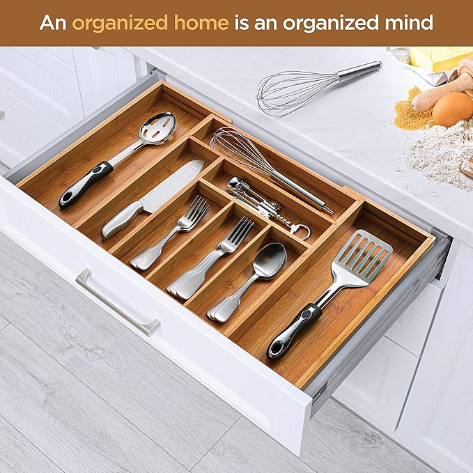 Bamboo Expandable Drawer Organizer for Utensils - Adjustable Cutlery Tray with Dividers for Silverware, Flatware, and Knives in Kitchen, Bedroom, or Living Room Storage