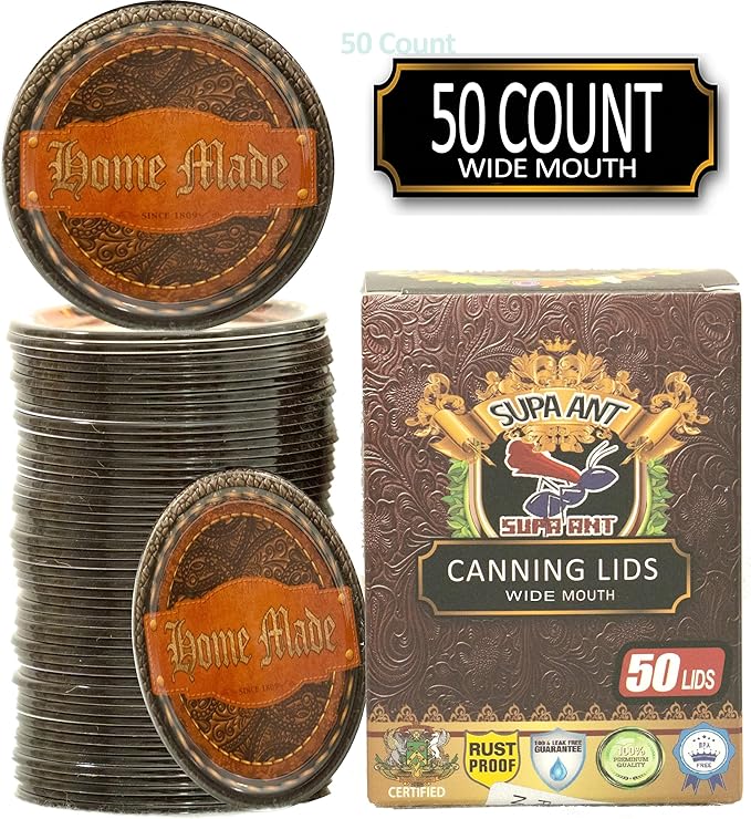 Supa Ant Thickest Canning Lids Wide Mouth (50 Pcs.) Food Grade Tin - Can Lids for Canned Food - Buckle Proof & Rust Proof Lid for Canning Kit for Wide Mouth Mason Jars (Leatherback) Canning Supplies