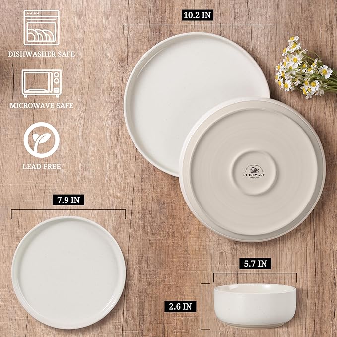 HaWare Stoneware Dinnerware Sets, 12-Piece Plates and Bowls Set for 4, Dishes Set for Home Restaurant, Speckled Milky White