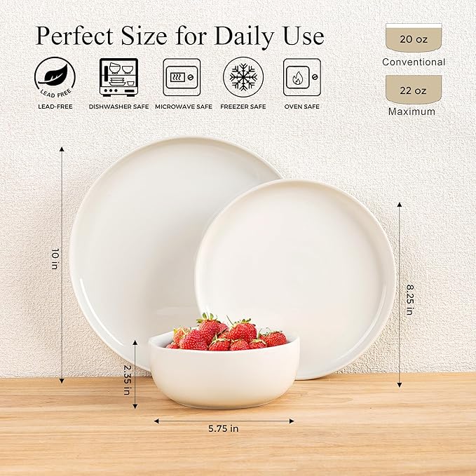 Ceramic Dinnerware Sets for 4,Handcraft Wavy Rim Stoneware Plates and Bowls Sets,Highly Chip and Crack Resistant | Dishwasher & Microwave & Oven Safe Dishes set,Service for 4 (12pc)-White &Wave