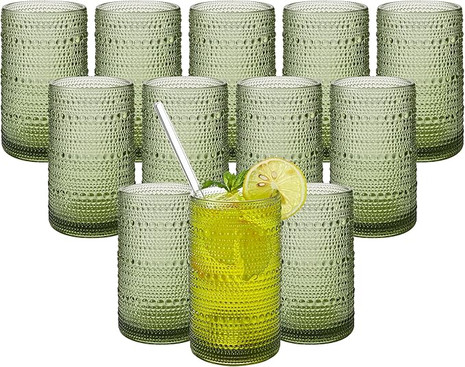 Vintage Hobnail Drinking Glasses Set of 12, 16 oz Large Capacity Embossed Green Tumblers, Highball Glasses for Water, Cocktail, Beer, Whiskey, Kitchen & Bar Use