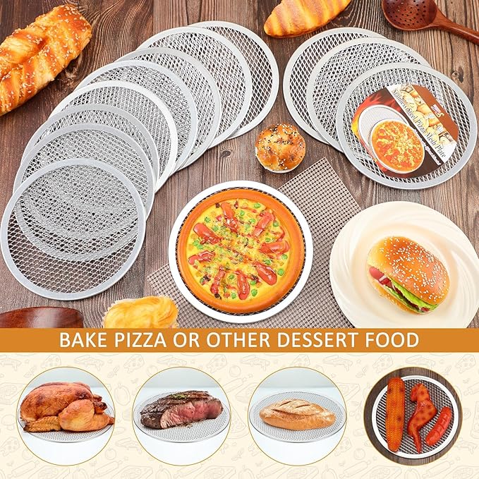 Dandat 12 Pieces 8 Inch Pizza Screen Round Aluminum Mesh Pans with Holes Bulk Seamless Pizza Trays for Oven Nonstick Baking Sheet Mesh Baking Screen for Party Kitchen Restaurant Cooking Supplies