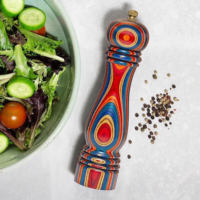Baltique Montego Bay Pepper Grinder – 8 Inch Colorful Wooden Pepper Mill with Adjustable Stainless Steel Grinding Mechanism – Manual Wood Pepper Grinder for Kitchen or Table Use