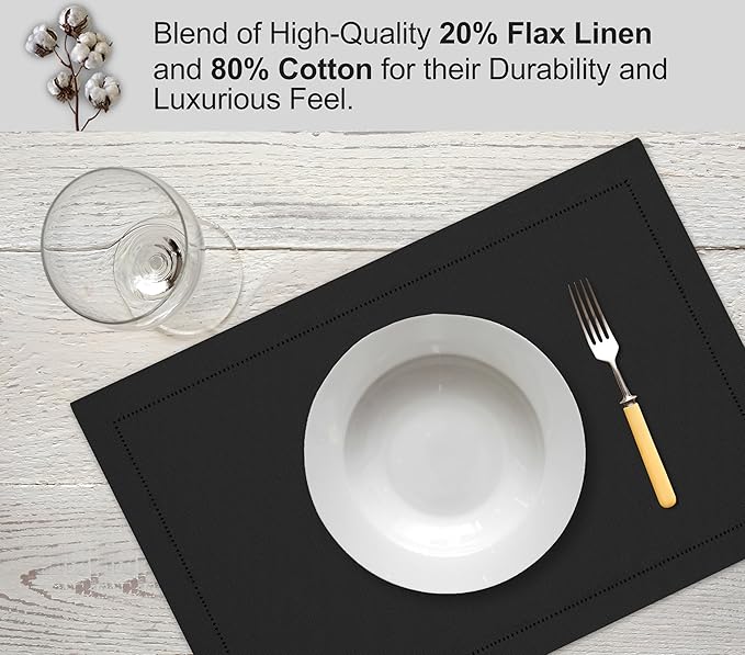 Ruvanti Linen Placemats Set of 6-13x19 Inch, Classic Hemstitch, Heat ‎Resistant Machine Washable Place Mats, Soft & Elegant- Perfect for Christmas, ‎Thanksgiving, Easter, Weddings, Dinner - Black