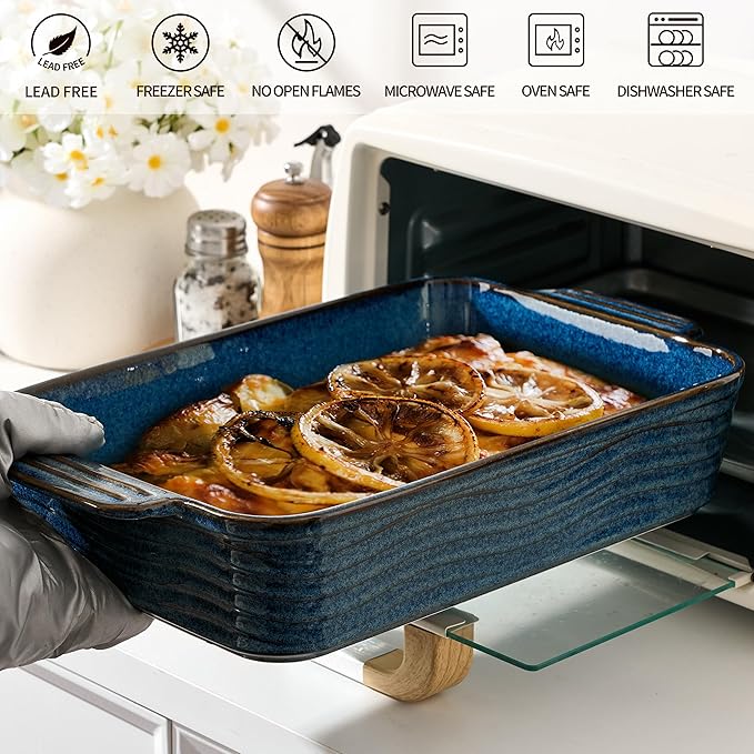 Kiln-Transformed Blue Ceramic Baking Dish Set of 3, Casserole Dishes for Oven, Square Porcelain Bakeware Set with Handles, Lasagna Baking Pan for Cooking, Perfect for Baking and Serving, Housewarming, Halloween, Thanksgiving, Christmas, New Year