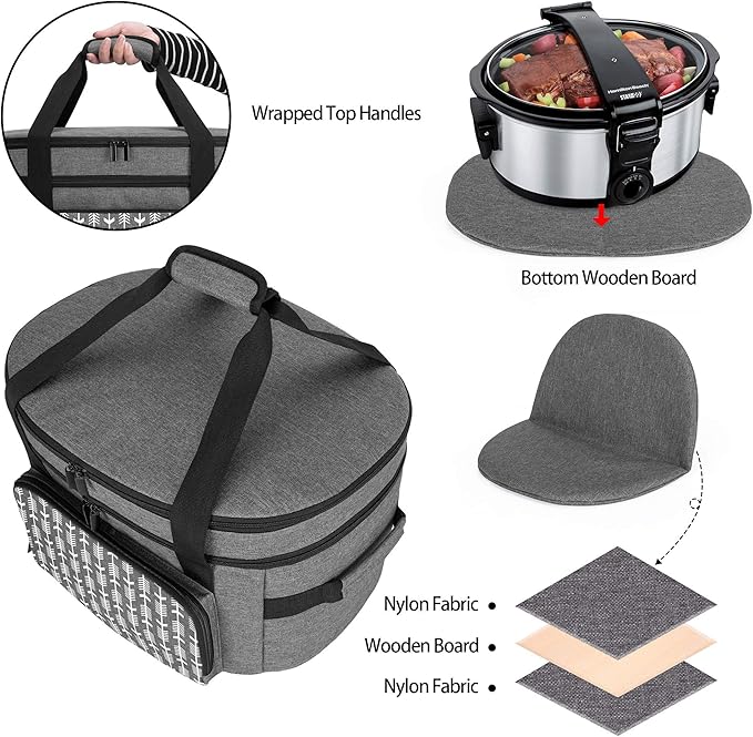 Yarwo [Upgraded Slow Cooker Travel Bag with Bottom Board Compatible with Crock-Pot and Hamilton Beach 6 7 8 Quart, Double Layers Slow Cooker Carrier, Gray with Arrow (Bag Only, Patent Pending)