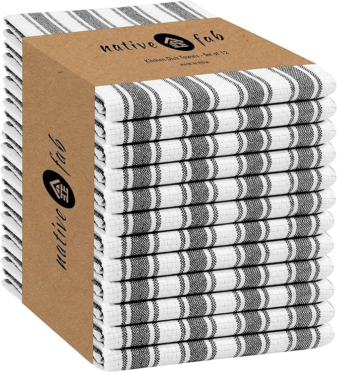 Native Fab 100% Cotton Striped Kitchen Towels - Set of 12-16"x26"- Basket Weave Stripe Dish Towels for Quick Drying, Absorbent Kitchen Wash Cloths Set with Hanging Loop - Black