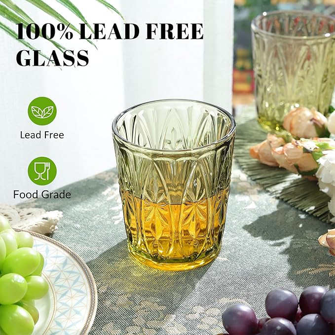 Joeyan Green Vintage Drinking Glasses,Embossed Small Water Glass Tumbler with Floral Design,11oz Colored Decorative Glassware for Beverages Juice Whisky Cocktail Beer Wine,Set of 6,Dishwasher Safe