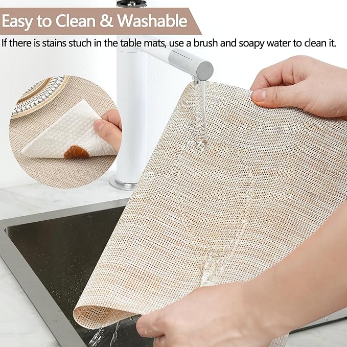 Placemats Set of 8 - Easy Clean Washable Vinyl Placemats - Wipeable Heat Resistant Table Mats for Dining Table - 17.7x11.8 Inch (8, Beige)